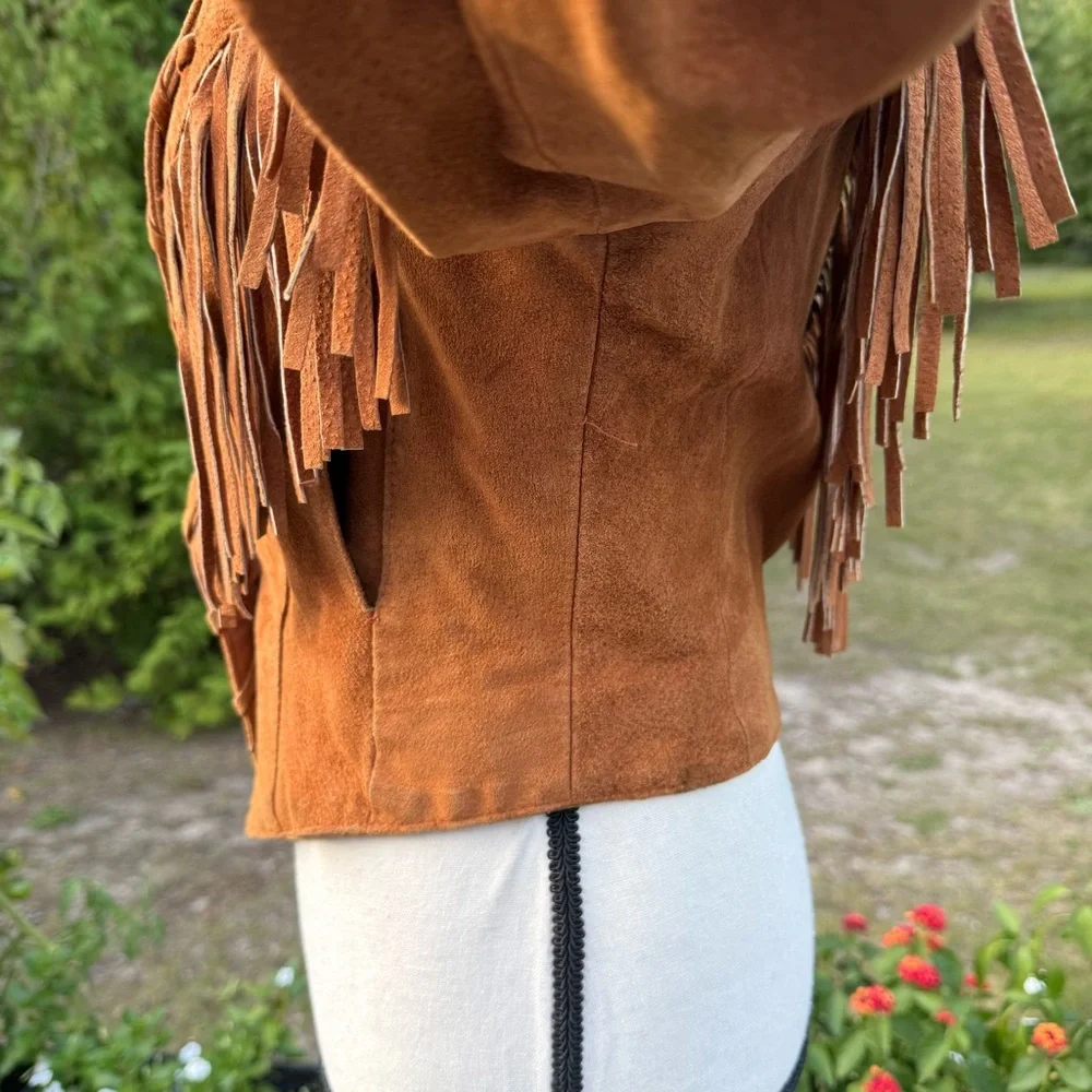 Vintage Phoenix USA Tan Fringed Women's Genuine Pig Split Jacket Blazer Medium - Picture 7 of 16